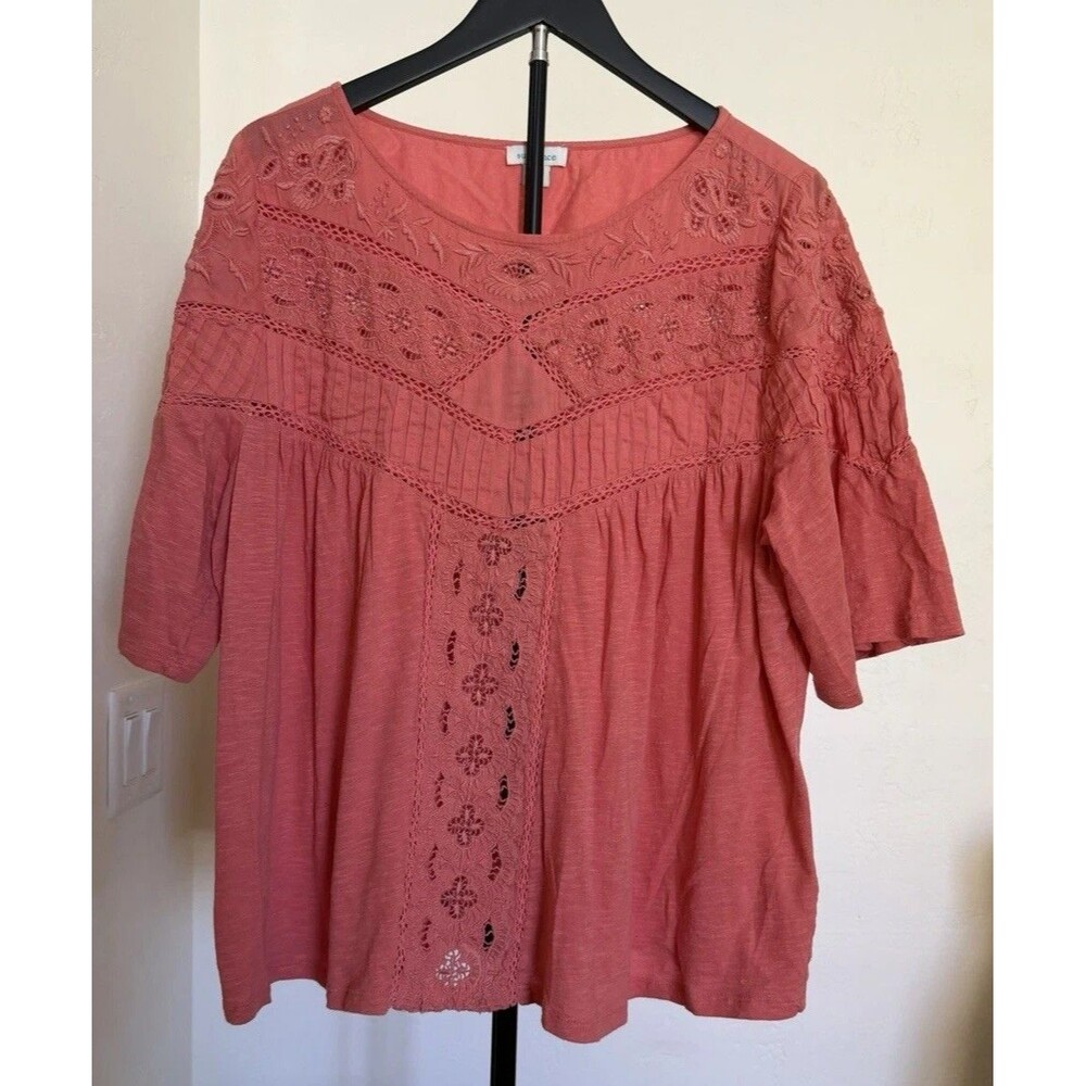 Sundance Catalog XXL Coral Lace Yoke Pleated Embroidered Boho Peasant Blouse